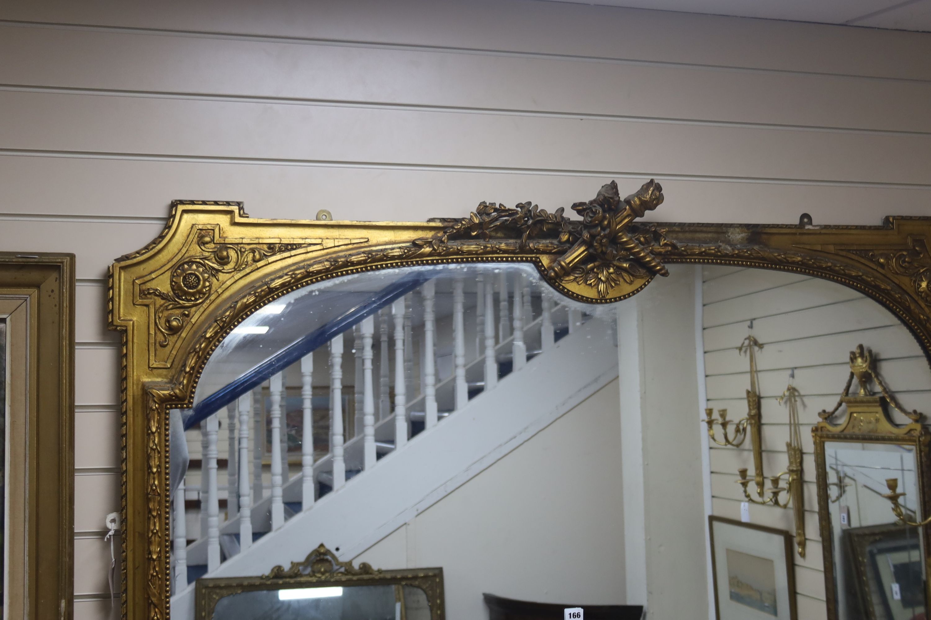 A large Victorian giltwood and gesso overmantel mirror, width 160cm, height 232cm